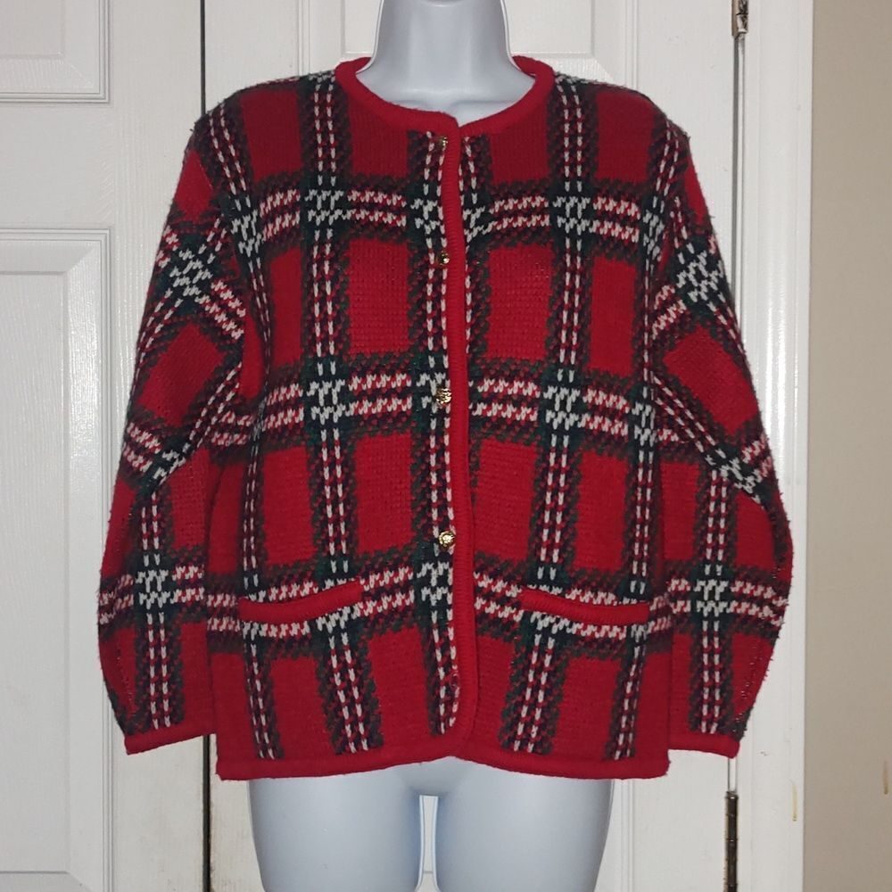 Crystal Kobe vintage Christ holiday red green navy white cardigan Sz S Petite